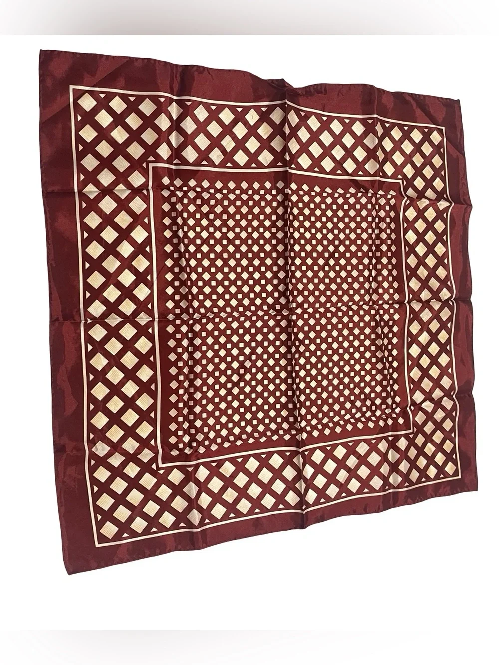 Vtg Burgundy Geometric Lattice Acetate Square Scarf Sz 21x21 Japan MCM Mod Ombre